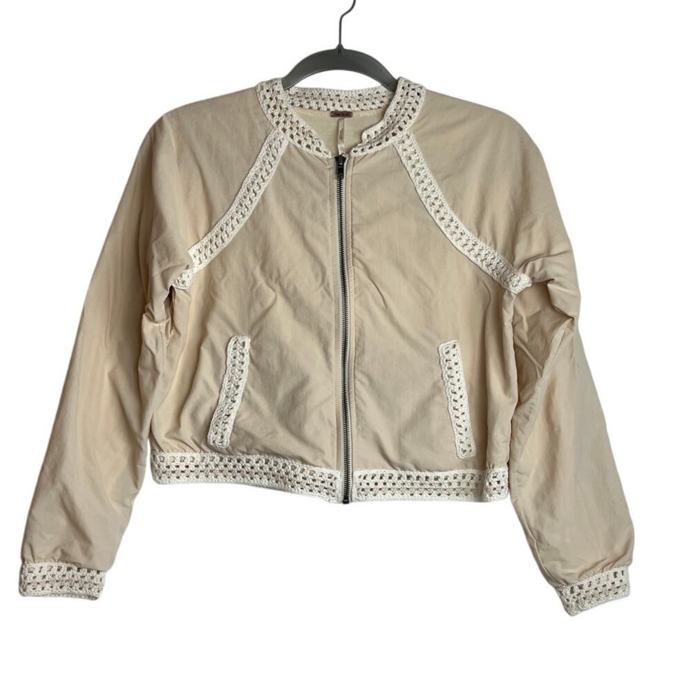 Free People Crochet Trim Bomber Jacket Size XS Cream Zip Boho Cottagecore Flaw